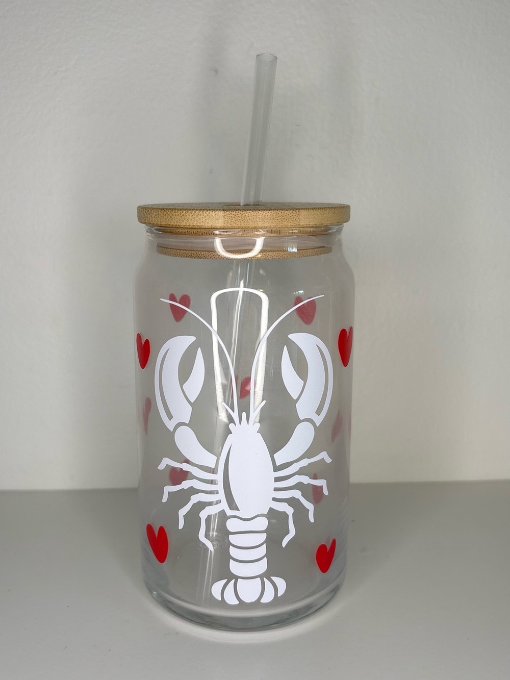 New Glass Lobster Tumbler with Bamboo Lid and Straw - White & Red